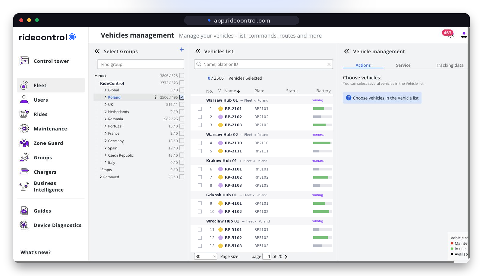 Vehicles management screen with a group tree, searchable vehicle list and bulk vehicle actions