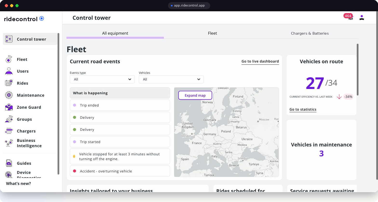 RideControl control tower screen with live road events, map and vehicles on route
