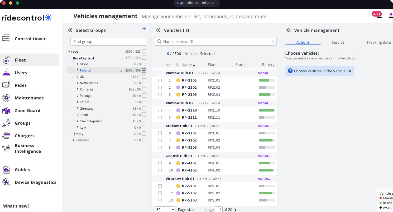 Vehicles management screen with a group tree, searchable vehicle list and bulk vehicle actions
