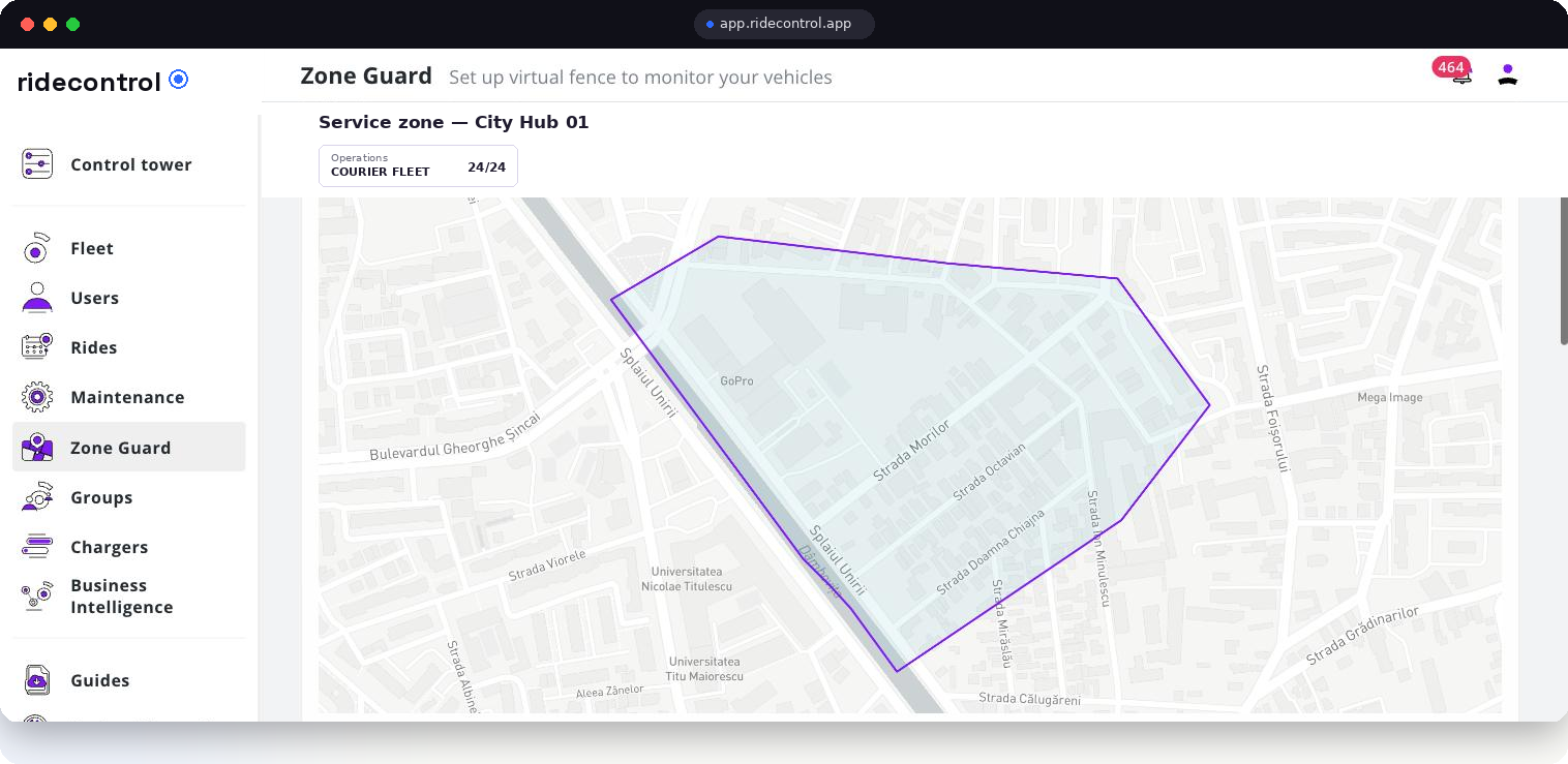Zone Guard geofencing map with a service zone polygon drawn over a city