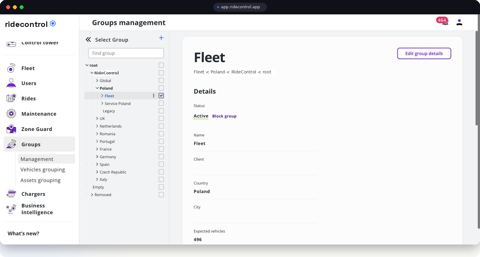 Groups management screen with a nested country and hub tree and group details