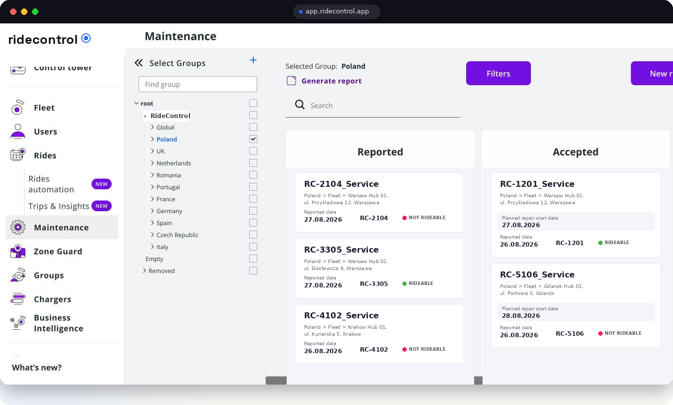 Maintenance kanban board with reported and accepted service requests